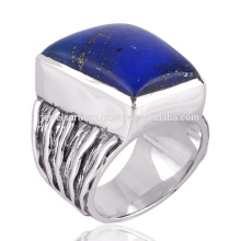 Lapis Lazuli Gemstone em cor real com 925 Sterling Silver Ring For Him